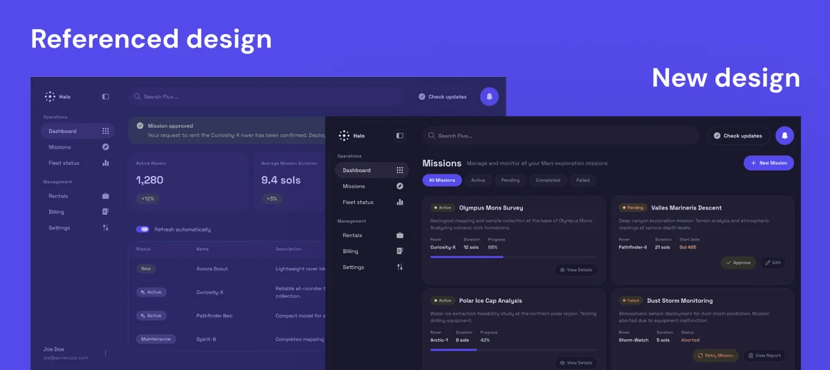 Halo UI comparison showcasing referenced and new dark-mode designs for mission management and rover status dashboards.