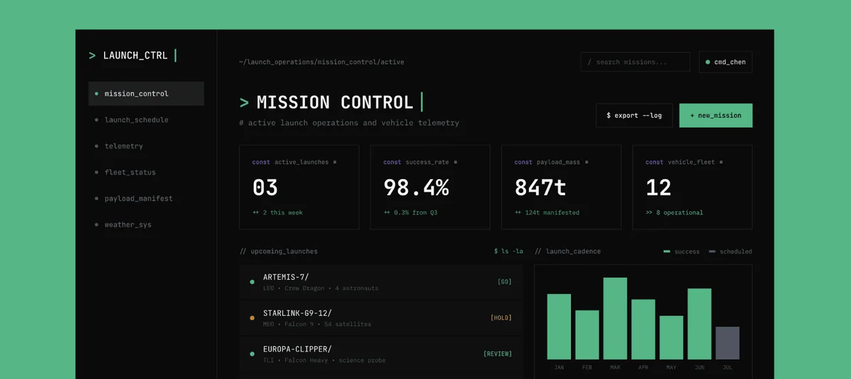 pencil Mission Control dashboard displaying active launches, success rate, and upcoming missions with a dark-mode terminal-like UI.