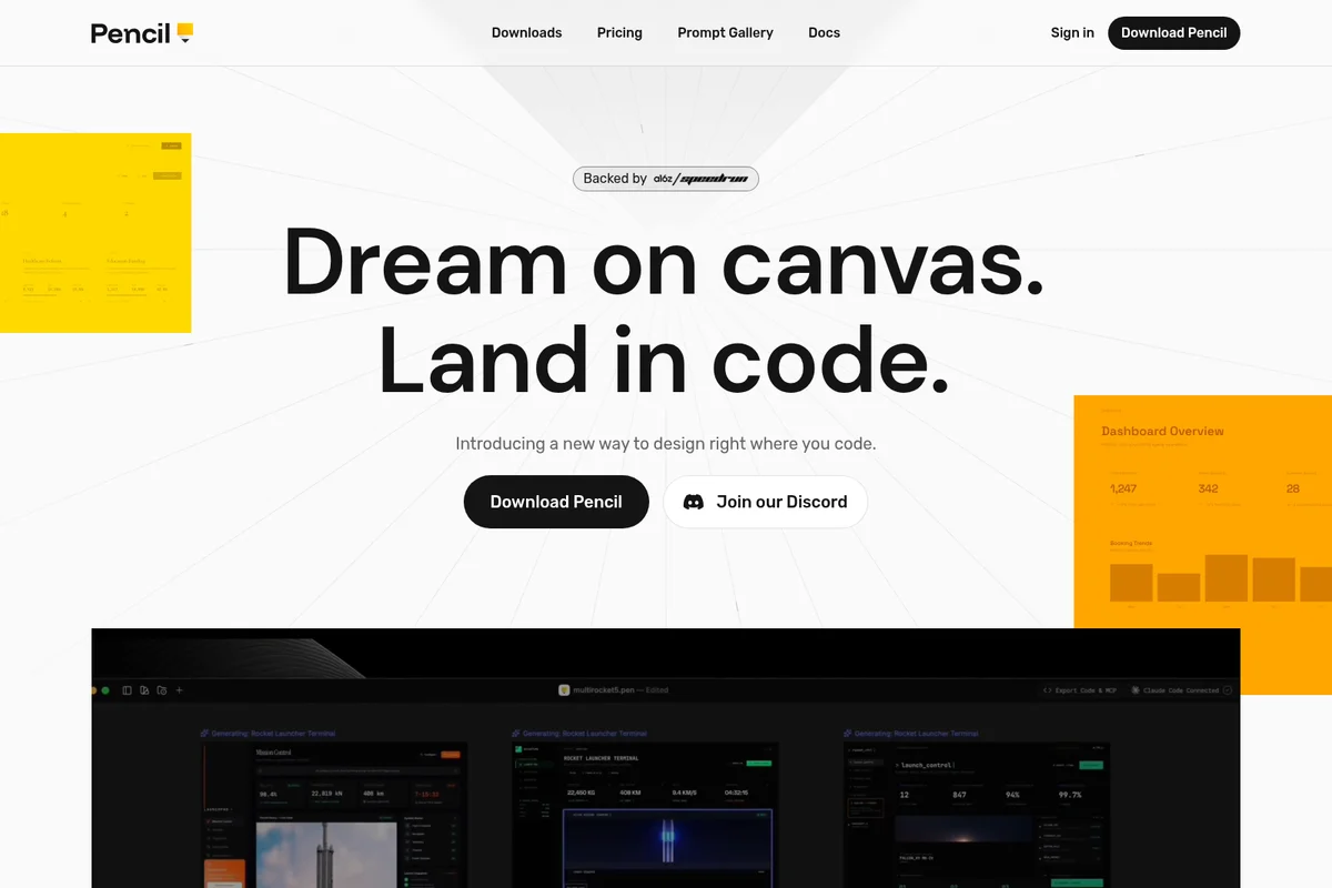 Pencil homepage hero displaying the 'Dream on canvas. Land in code.' concept with a dark-mode visual coding workspace.