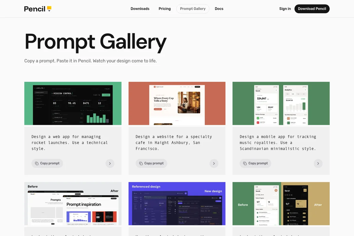 Pencil Prompt Gallery showing various AI-generated UI designs from prompts with a clean modern interface.