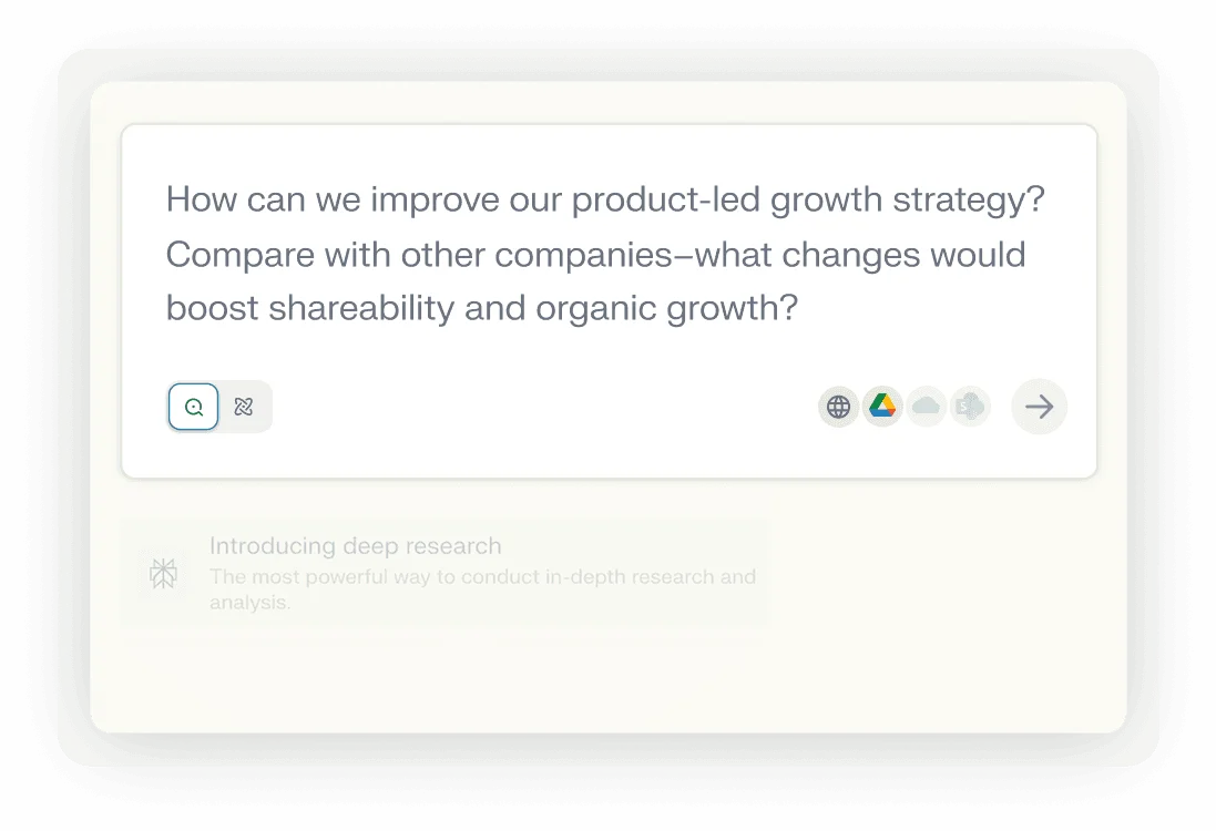 Perplexity AI research workspace showing a user query about product-led growth strategy and deep research options in a clean, light-themed interface.