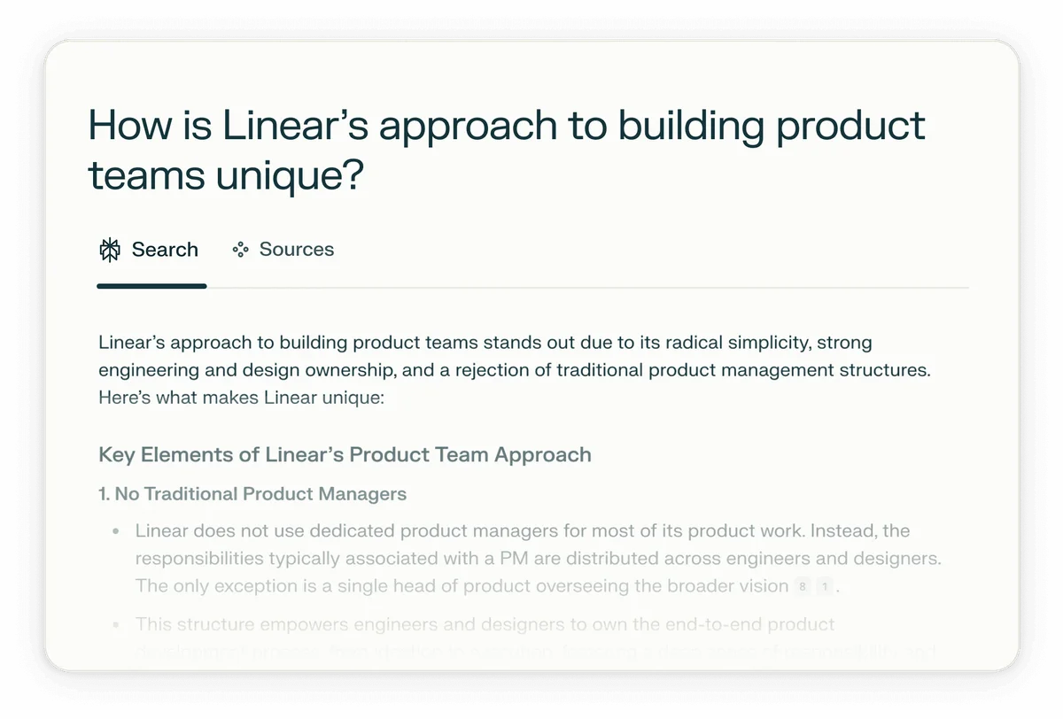 Perplexity search result summary displaying a concise answer about Linear's product team approach with a clean, modern white card interface on a dark background.