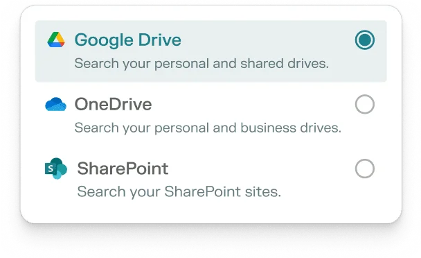 A tool's integration panel showing options to search cloud storage services like Google Drive, OneDrive, and SharePoint, in a clean light-themed interface.