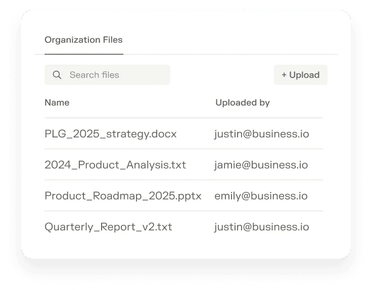 Perplexity Organization Files interface displaying a list of shared documents with uploaders, a search bar, and an upload button in a clean light-theme.