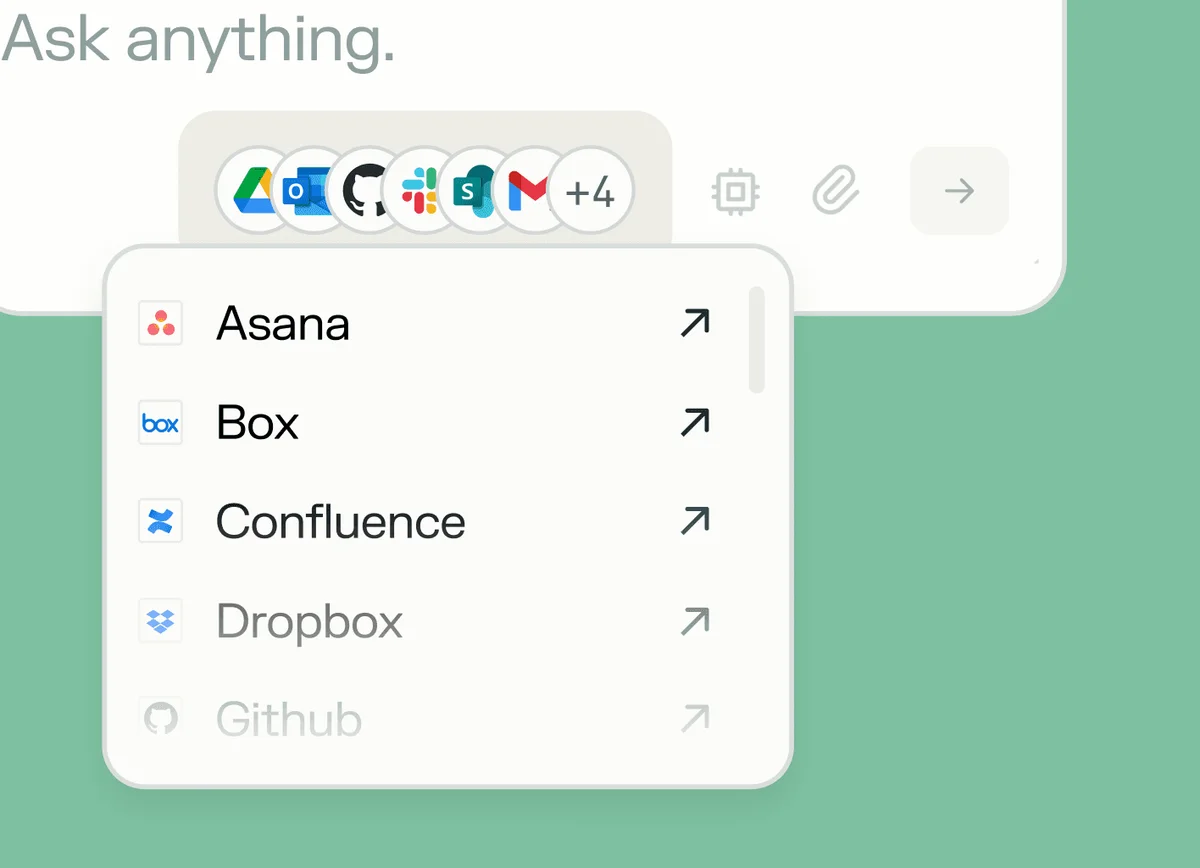Perplexity workspace UI showing a dropdown menu of app integrations like Asana, Box, and Confluence for enhanced search queries.