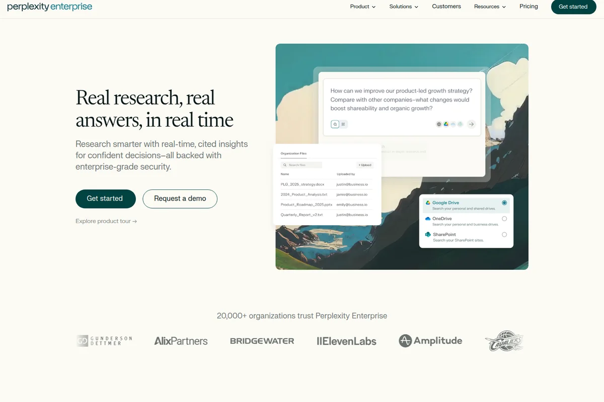 Perplexity Enterprise UI showing an AI research query, organizational file uploads, and cloud storage integrations in a clean interface.