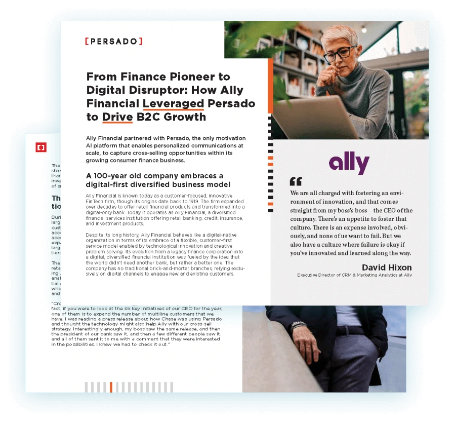 Persado case study page detailing how Ally Financial leveraged AI for B2C growth, featuring article text, a quote, and embedded photos.