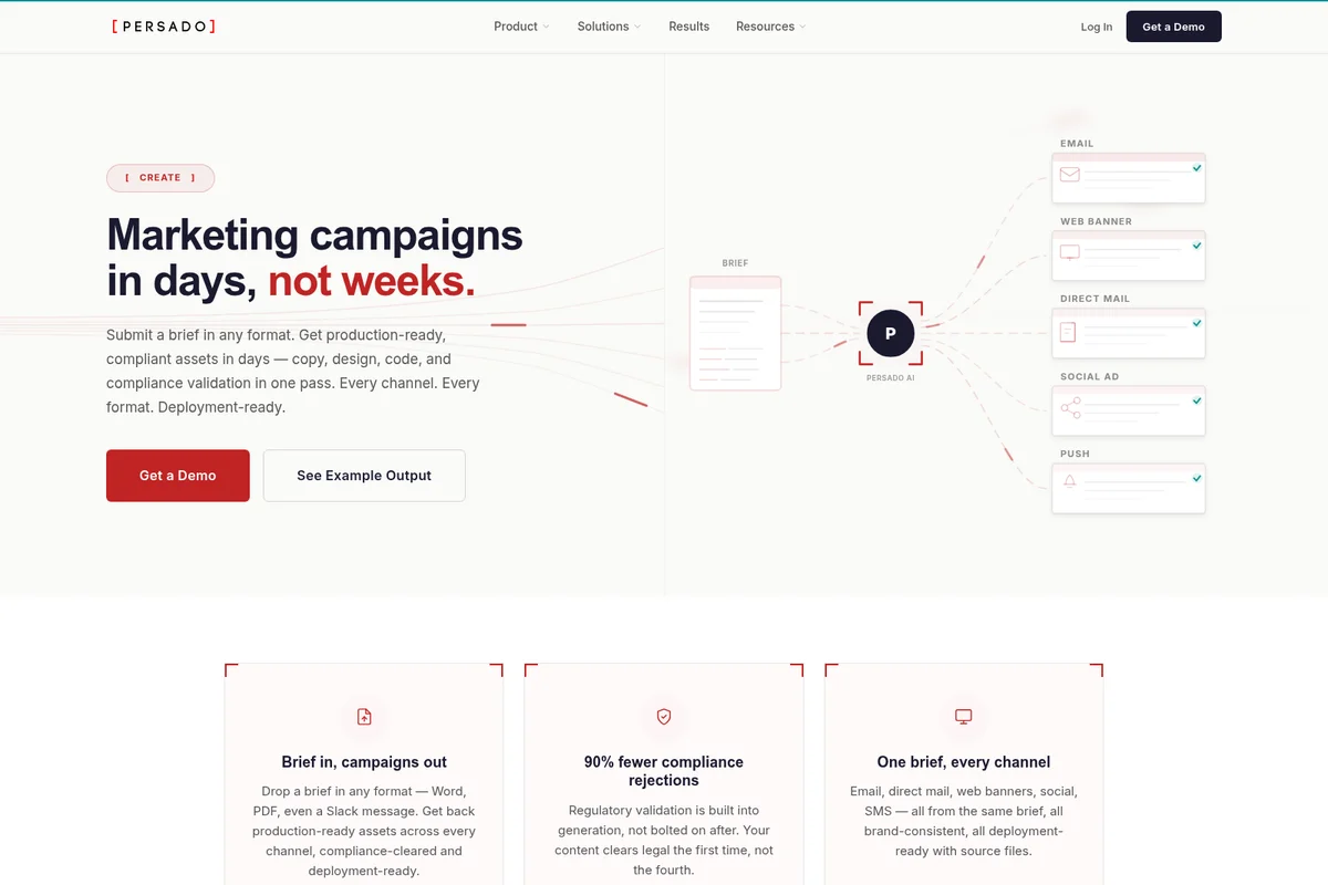 Persado feature page illustrating the marketing campaign creation workflow across various channels with a clean, modern interface.