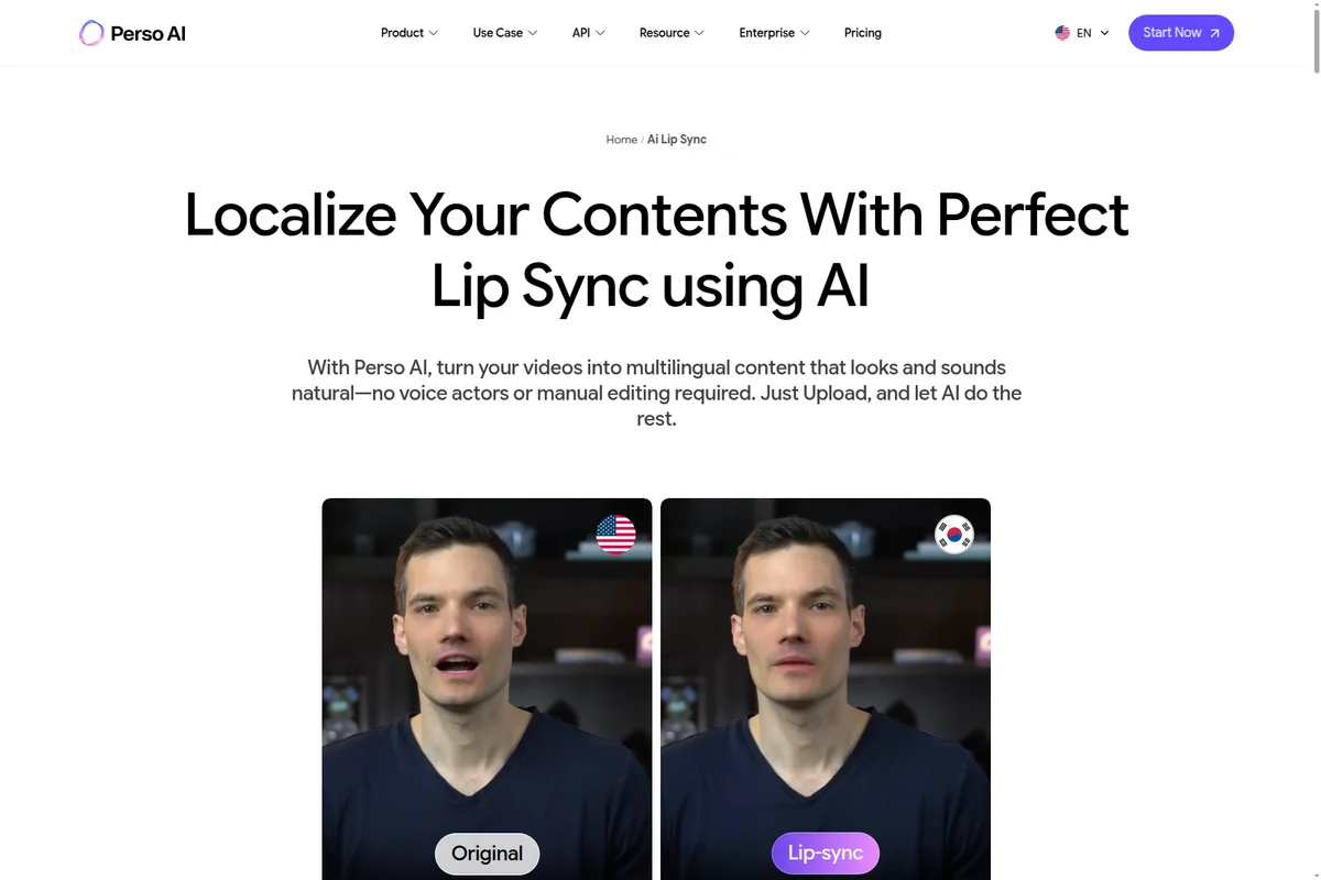 Perso AI feature demonstration showing original and AI lip-synced video output for localization with a clean white interface.