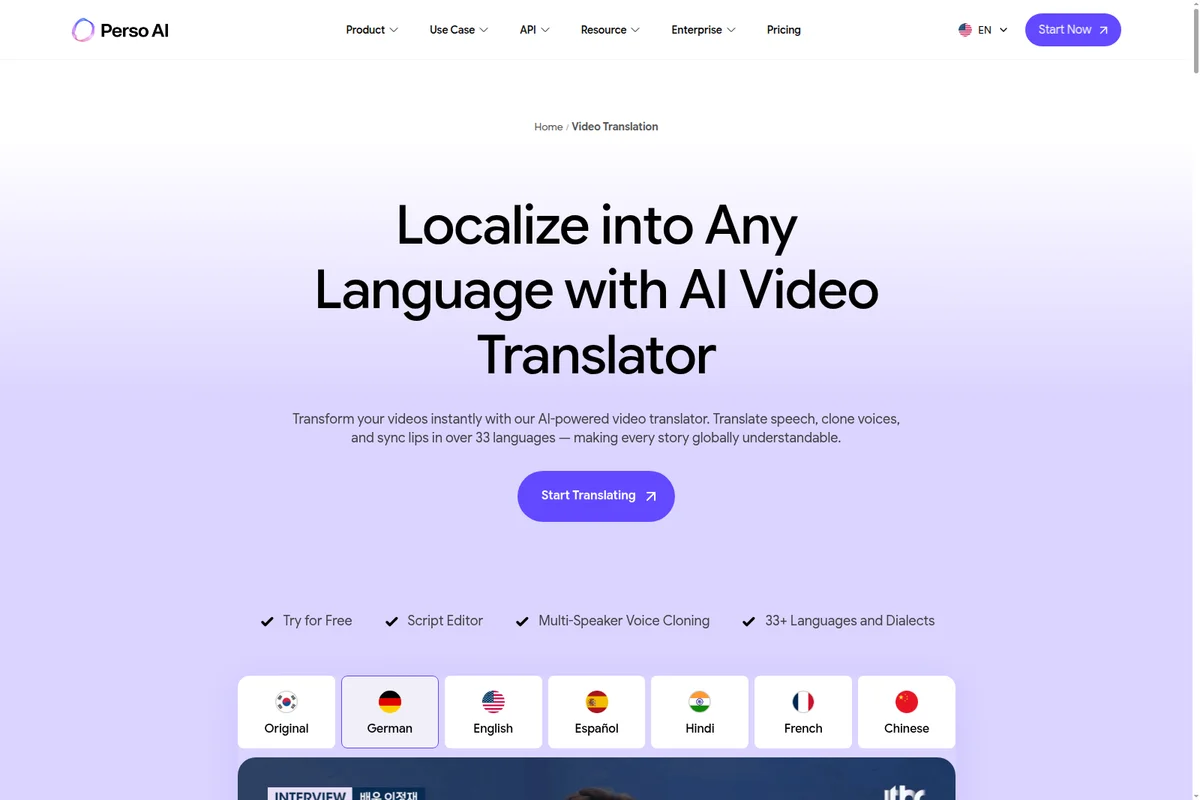 Perso AI video translation landing page showing language selection options for localizing content with an AI-powered translator.