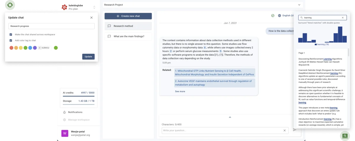 Kaleidoglobe AI research workspace showing a chat on data collection methods and document search results in a multi-panel UI.