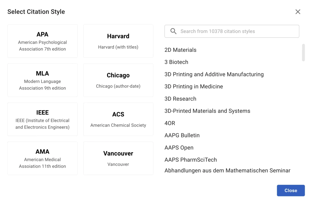 Petal citation style selector showing various citation styles in a clean, card-based interface.