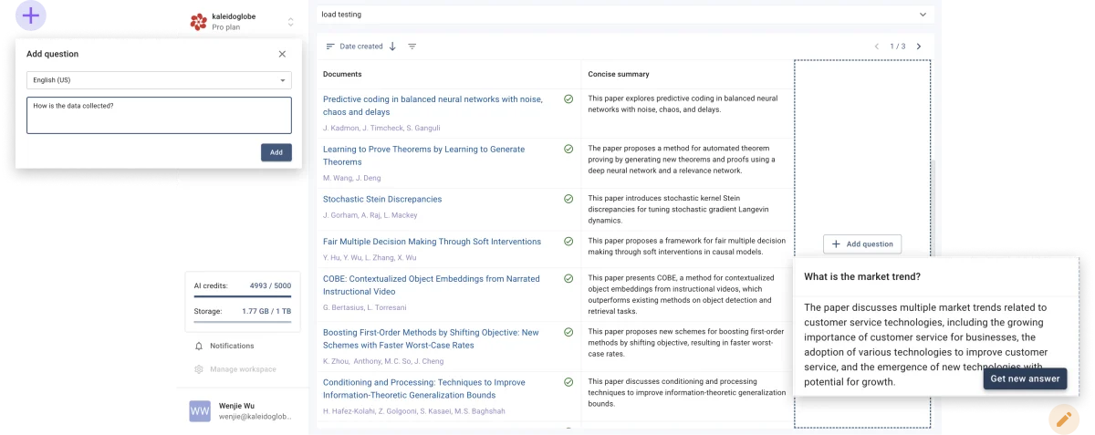 Kaleidoglobe workspace showing document summarization and AI-powered question answering with a clean light-themed interface.