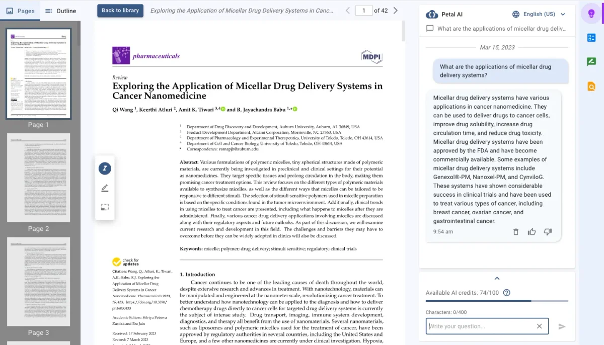 Petal AI workspace UI showing AI summarizing a research paper in a chat interface with a modern light theme.
