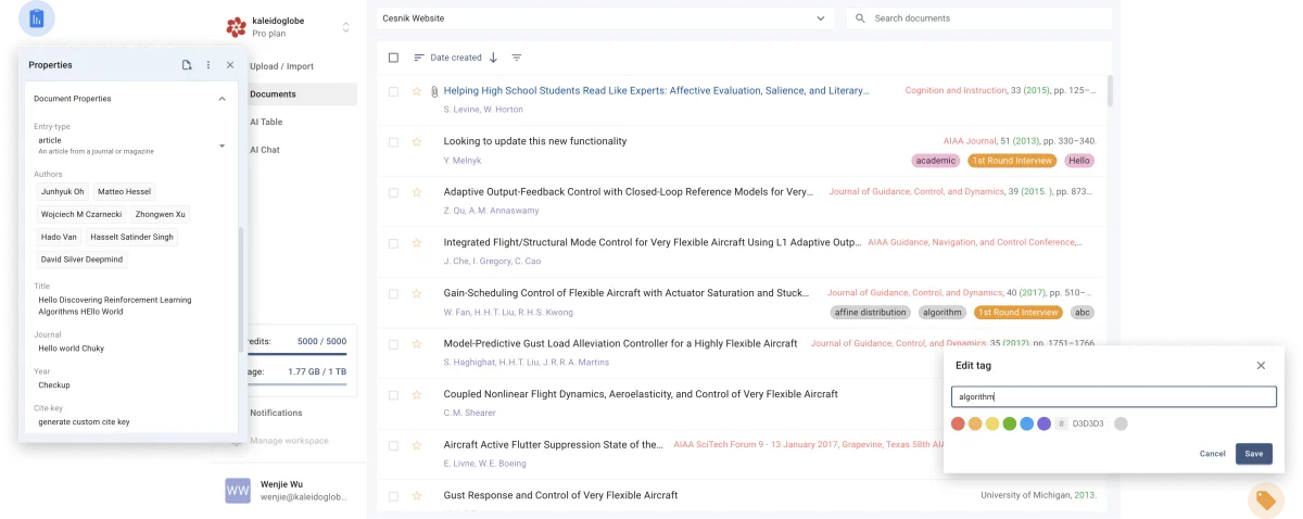 Kaleidoglobe document management workspace showing research papers, editing document properties and a tag in a clean UI.