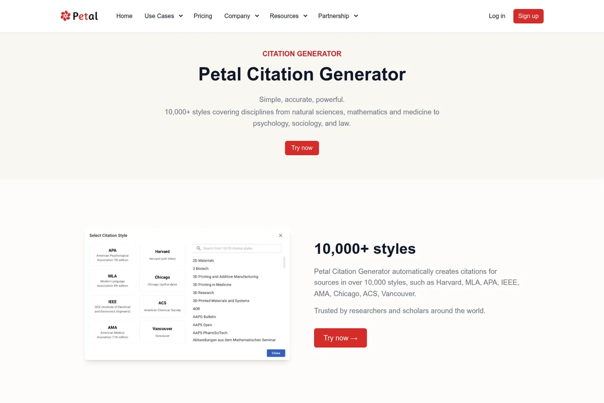 Petal Citation Generator showcasing style selection from over 10,000 citation formats in a clean modal interface.