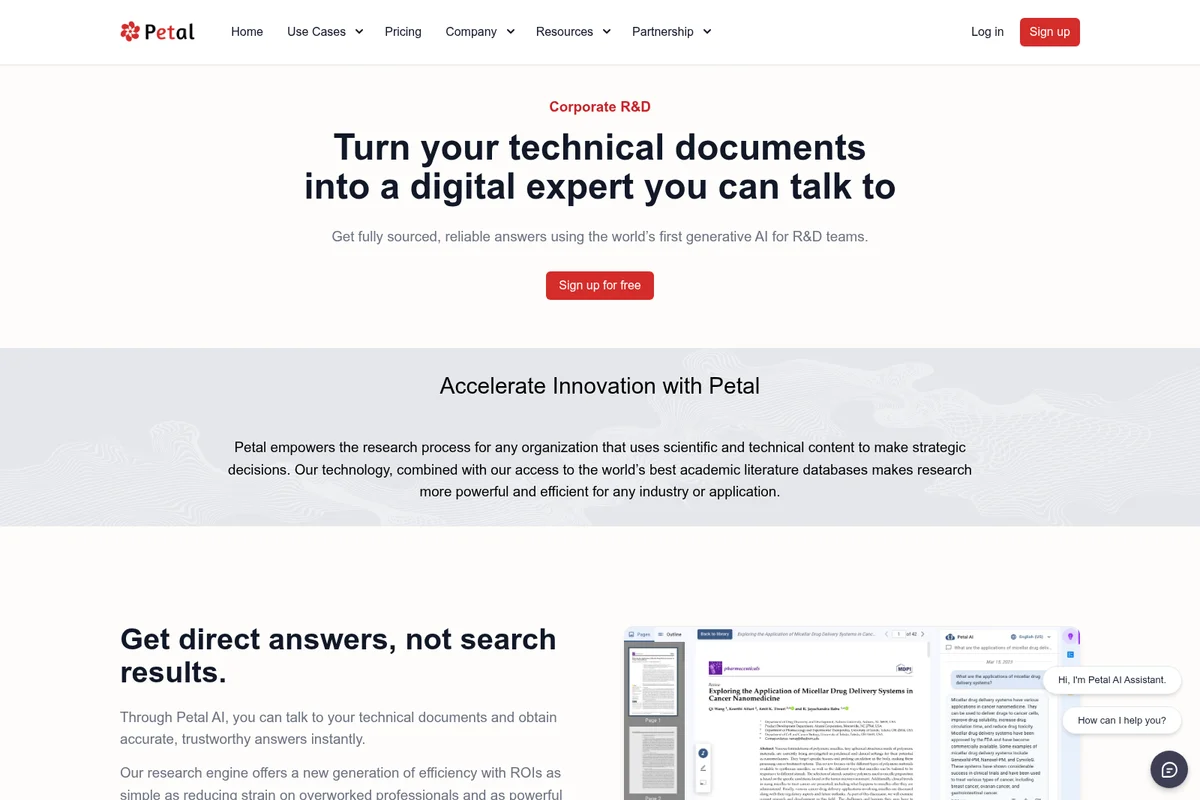Petal's AI research platform landing page, showcasing how technical documents become a conversational digital expert with a clean, modern interface.
