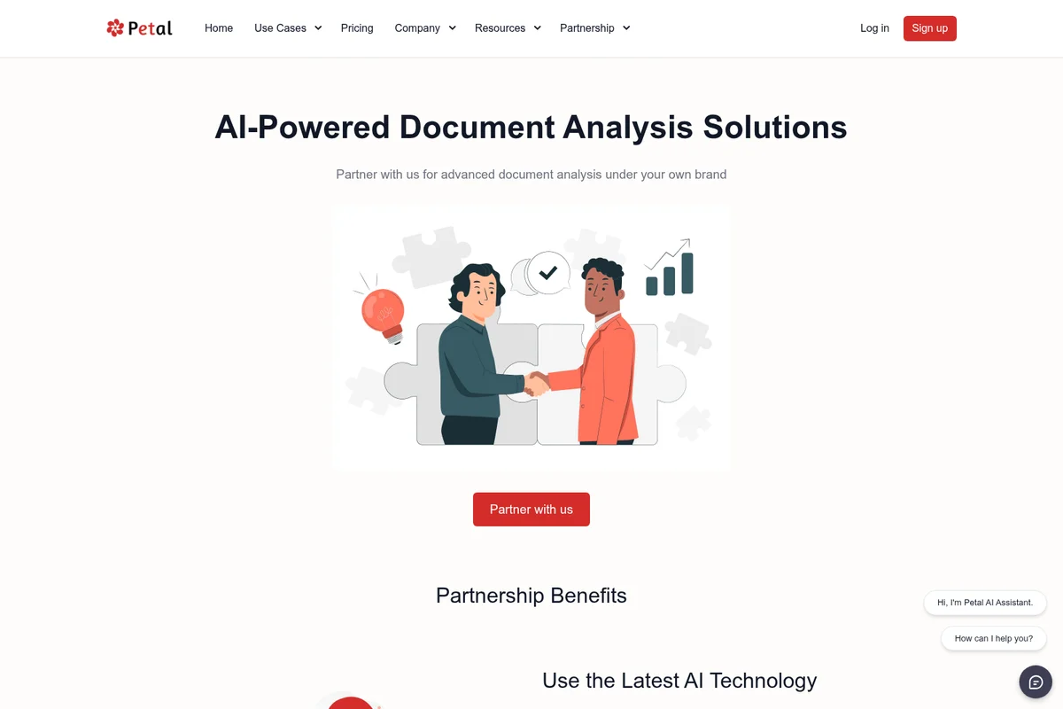 Petal landing page showing AI-powered document analysis solutions and partnership opportunities with a modern illustration.