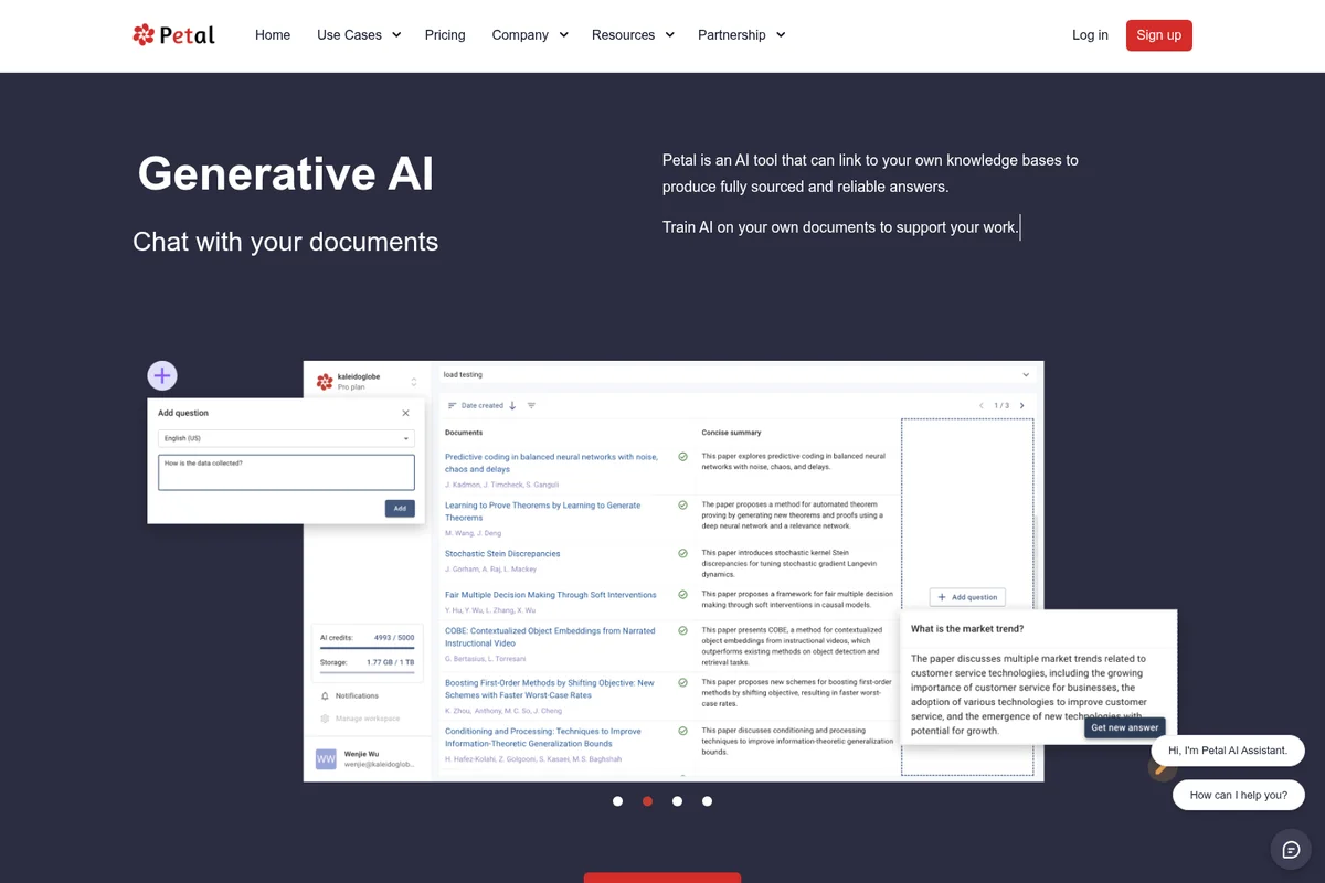 Petal AI workspace showing document summaries, AI question input, and an assistant chat interface for document interaction.