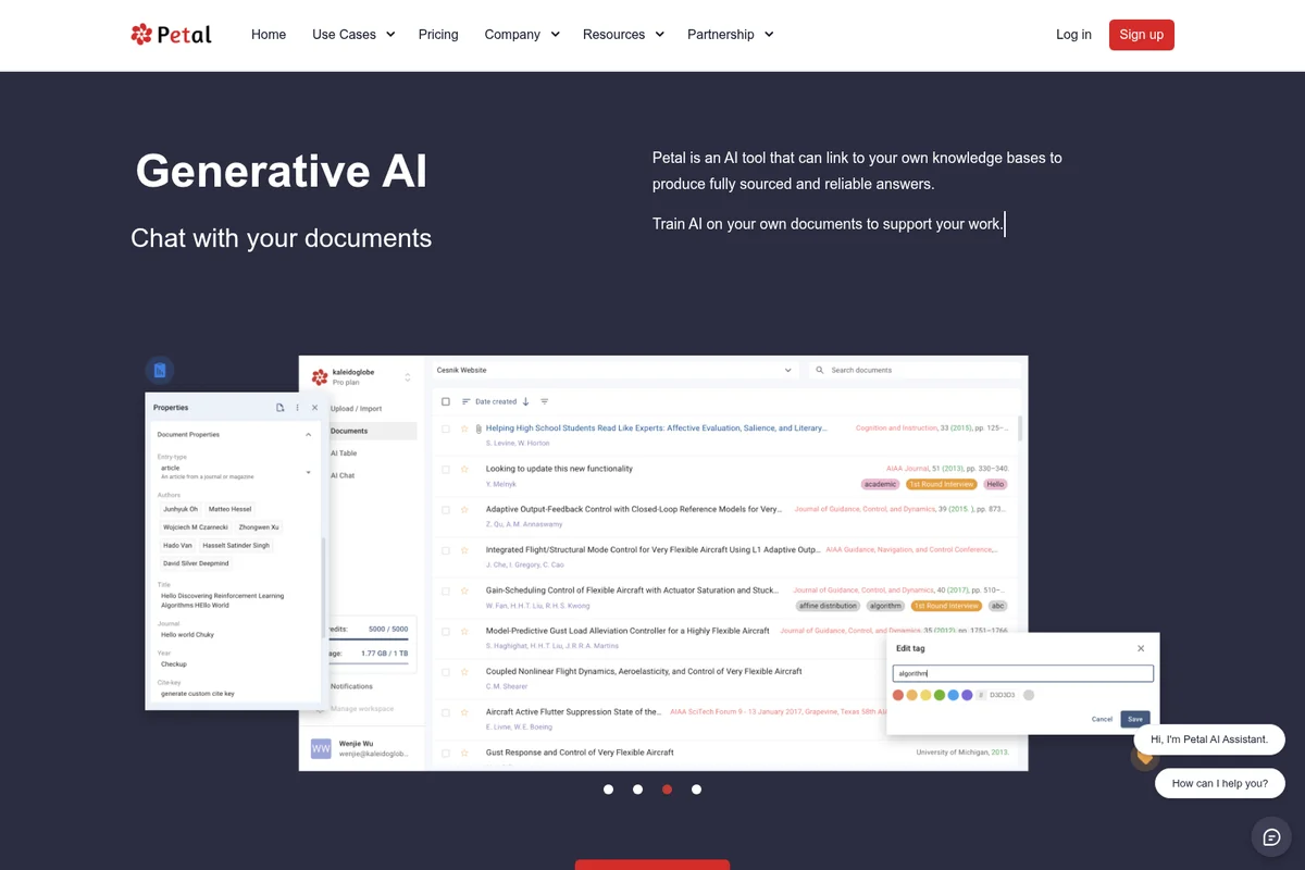 Petal AI workspace showing layered document management, AI chat, and tagging features with a dark-mode interface.