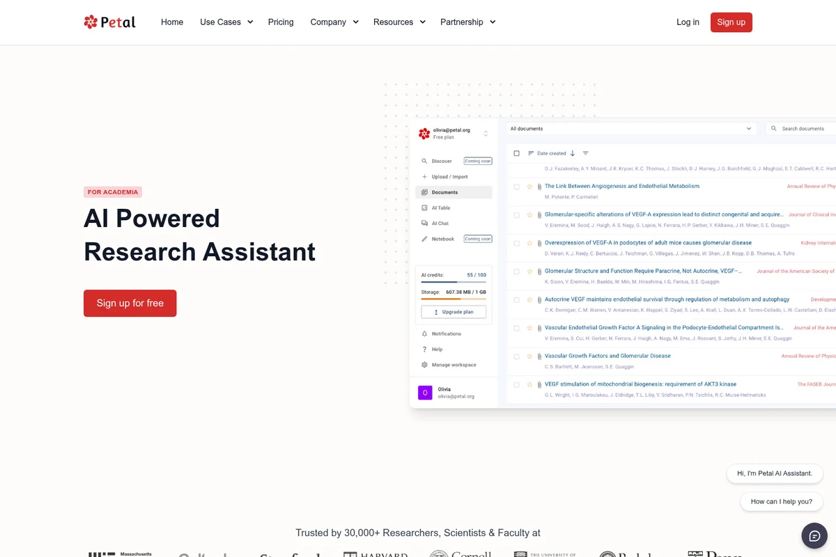 Petal AI-powered research assistant workspace showing document management and AI features in a clean, modern interface.