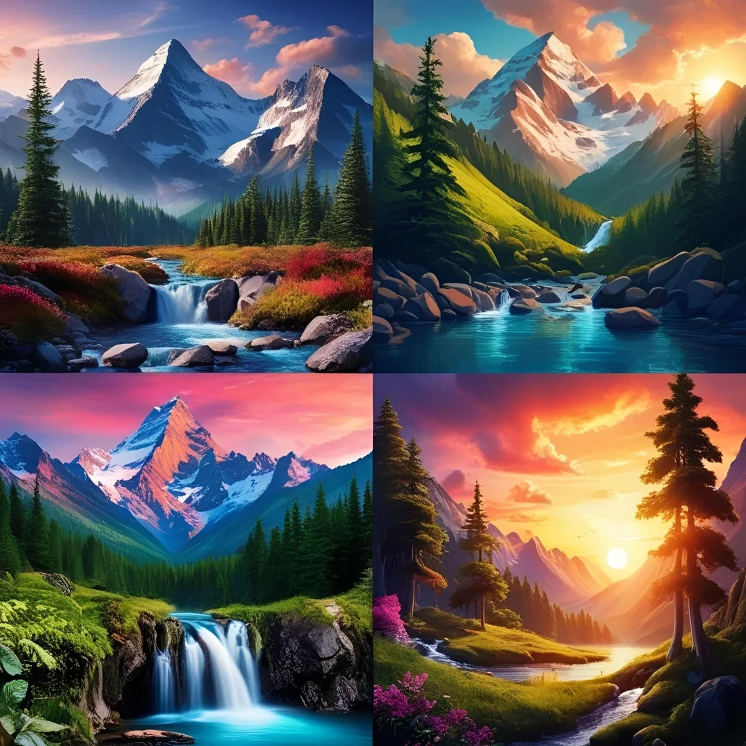Photoai output sample showcasing four distinct AI-generated vibrant landscape scenes with mountains and waterfalls.