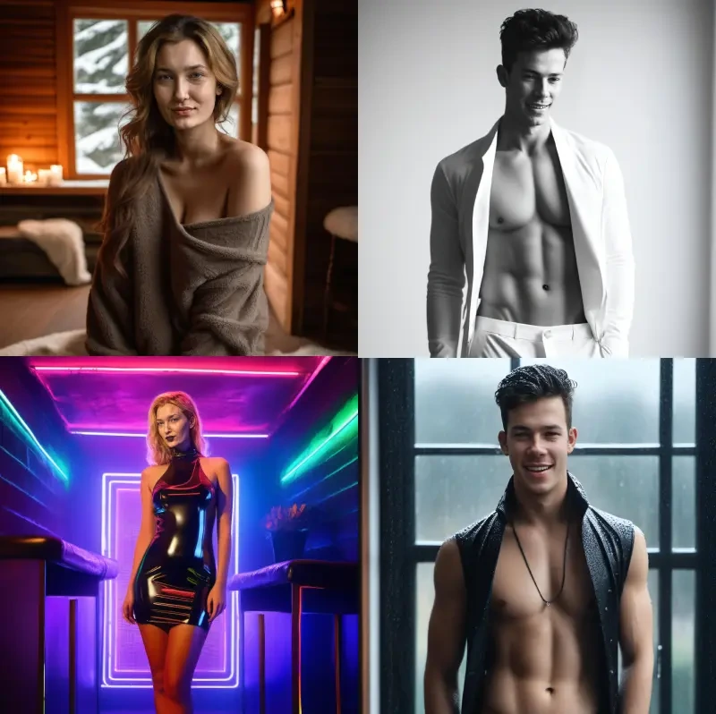photoai output-sample showcasing four diverse AI-generated photorealistic portraits, including cozy, black and white, neon, and dramatic styles.