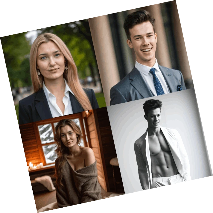 PhotoAI output sample showcasing a collage of diverse AI-generated professional portraits and headshots.