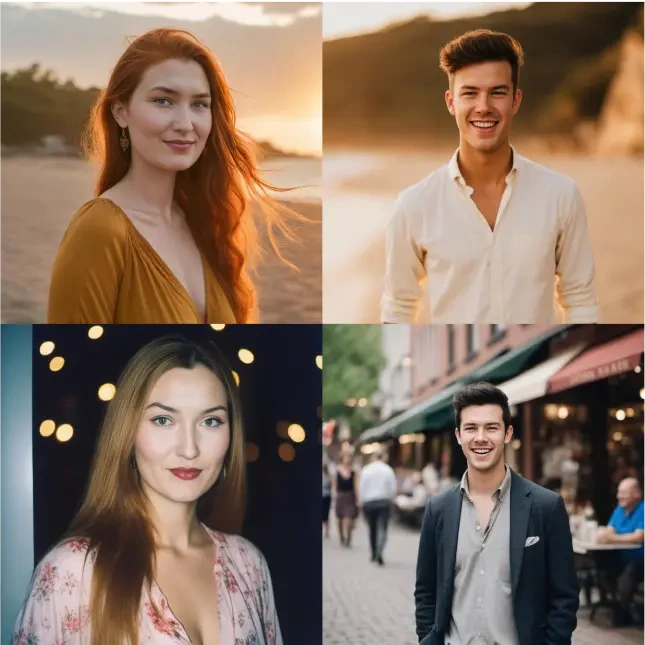 PhotoAI output-sample showing diverse AI-generated photorealistic portraits with varied backgrounds and lighting.
