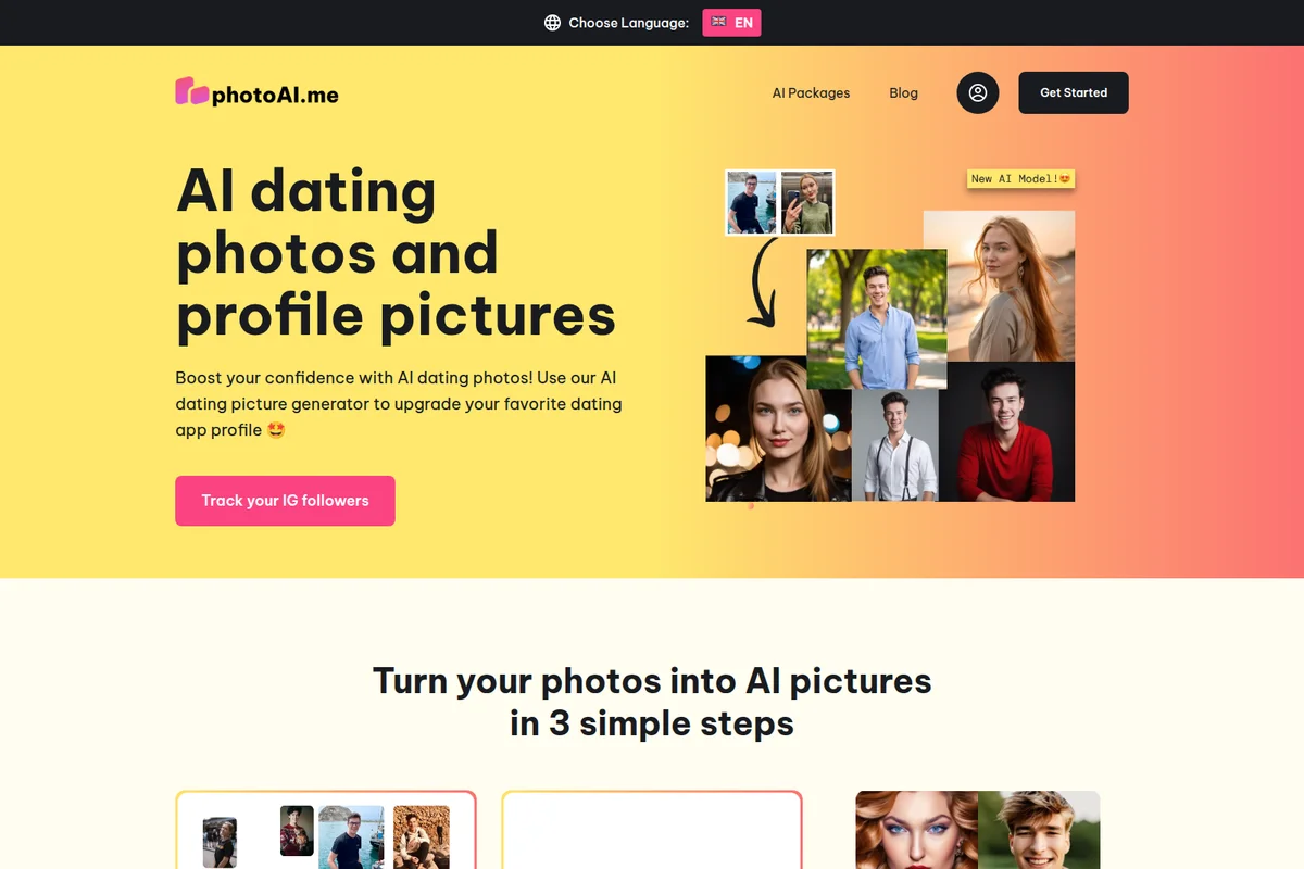 PhotoAI.me landing hero demonstrating AI dating photo and profile picture enhancement with before-and-after examples.