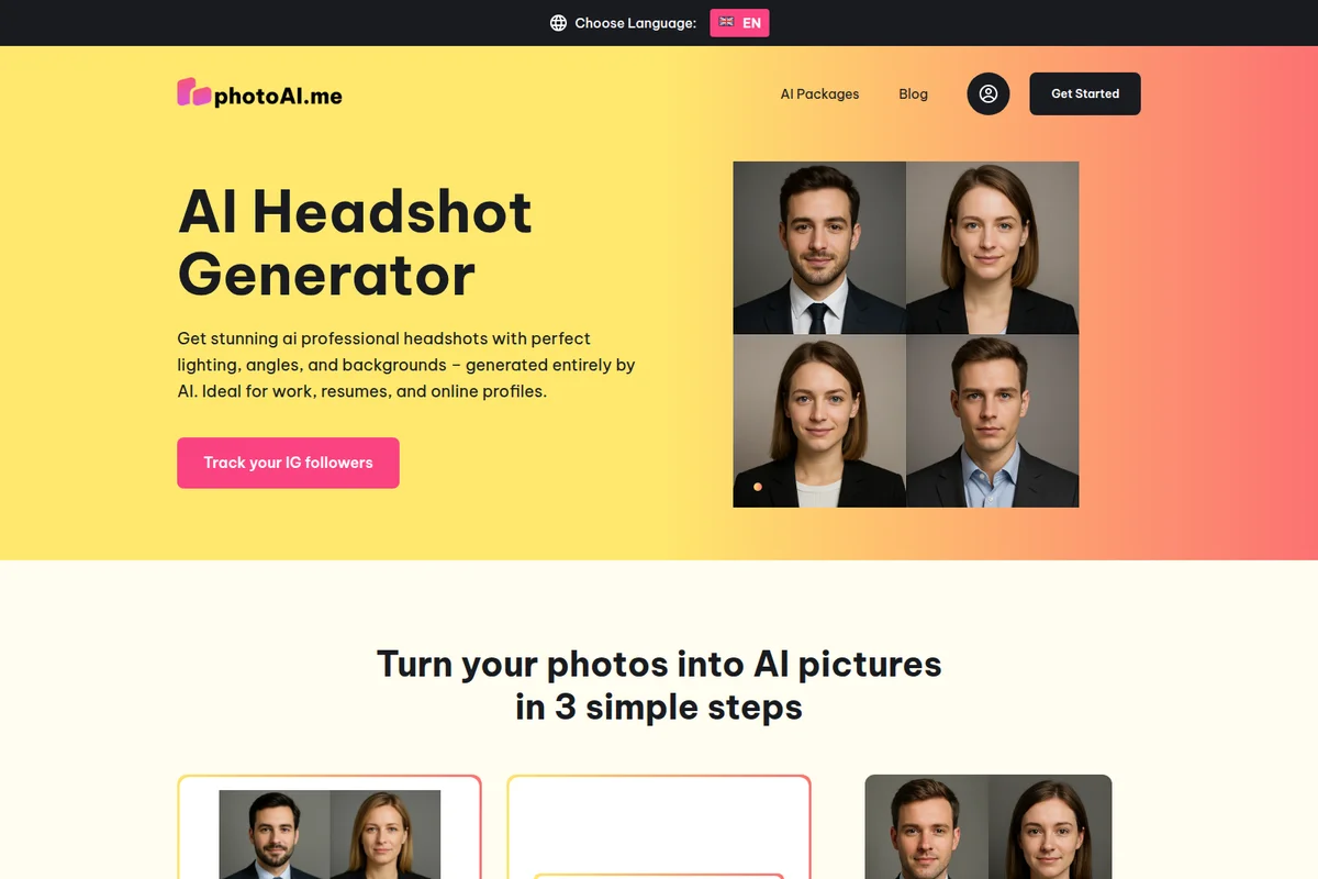 PhotoAI landing page hero showing AI headshot generation examples with a modern and vibrant gradient interface.