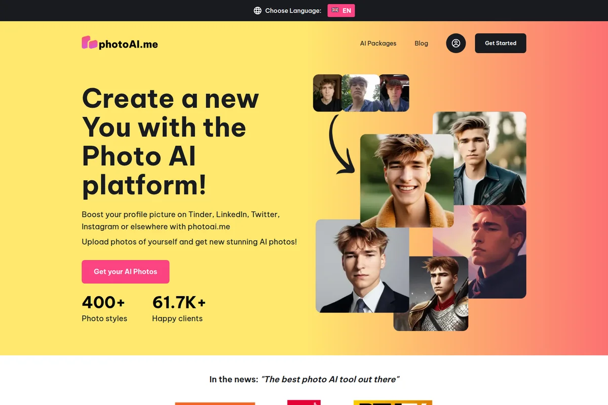 PhotoAI homepage hero section showcasing AI-generated professional profile pictures transformed from casual selfies with a vibrant, modern design.