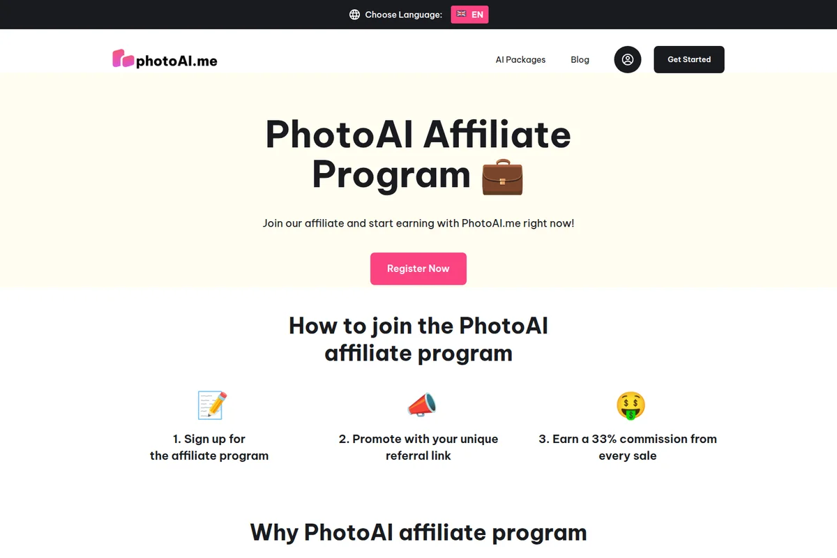 PhotoAI affiliate program page showing registration button and steps to join, presented with a clean and modern interface.
