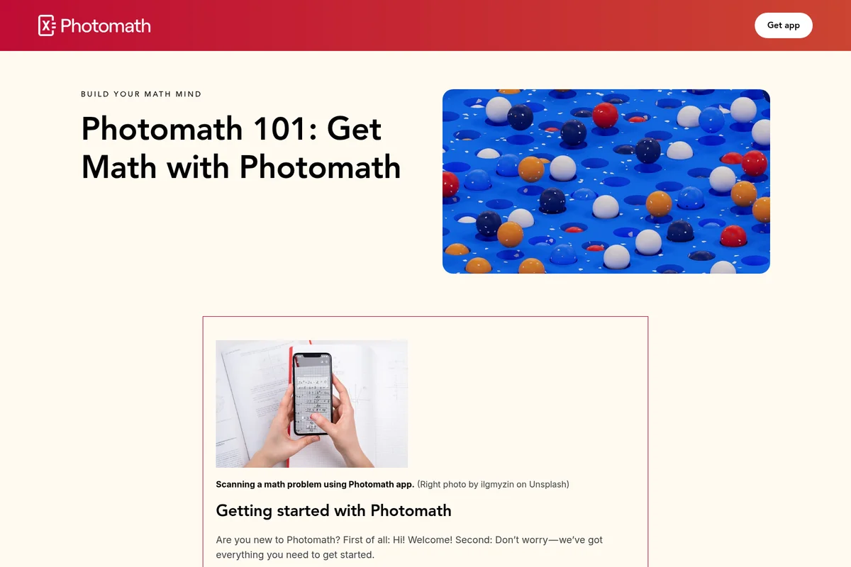 Photomath feature-deep-dive showing a hand scanning a math problem using the app with a clean mobile interface.
