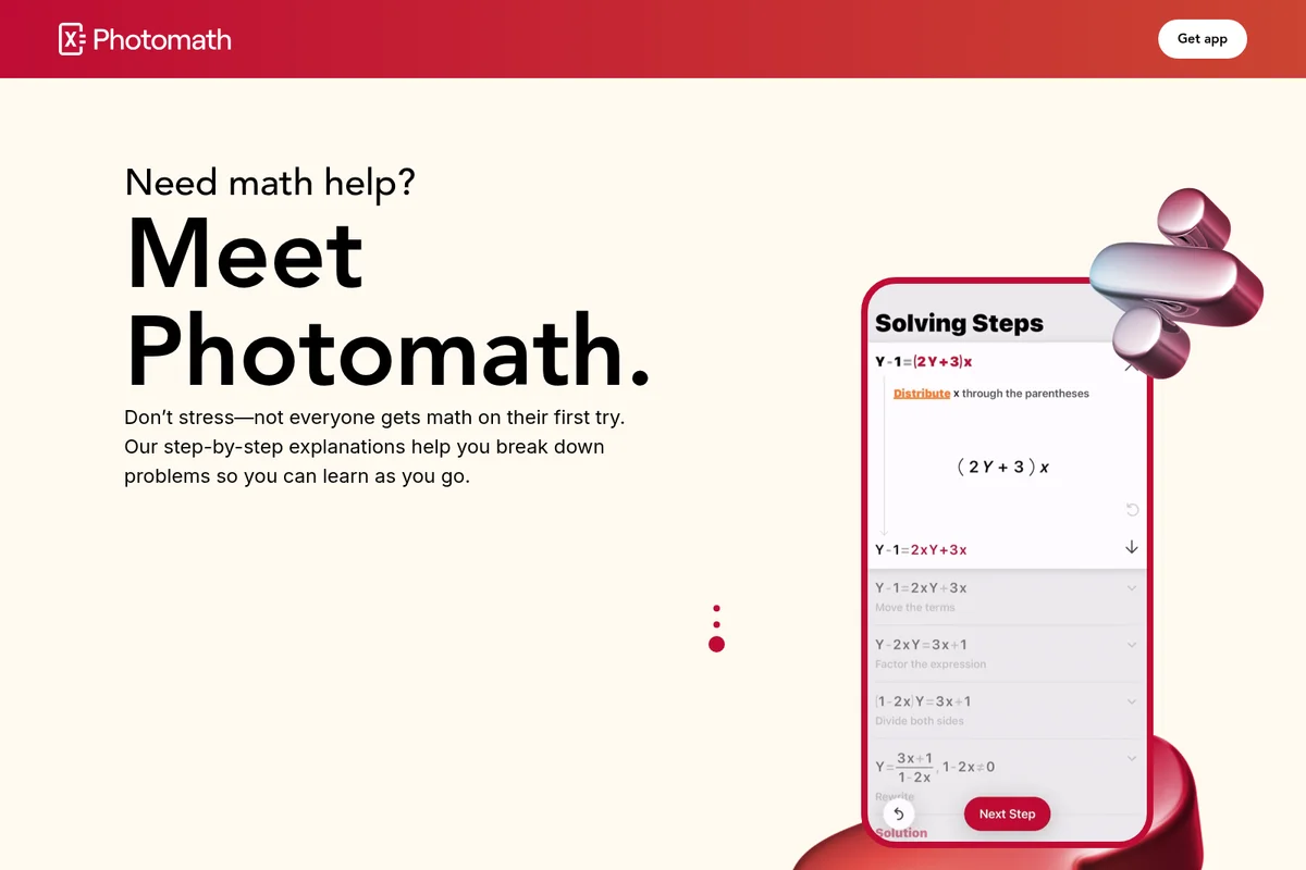 Photomath homepage hero showing a smartphone app solving math problems with detailed, step-by-step explanations in a clean UI.