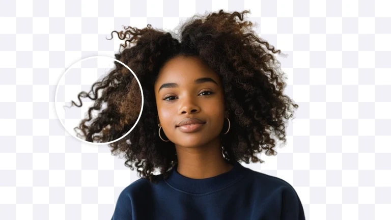 Photoroom output sample showing a portrait with perfectly removed background and detailed curly hair