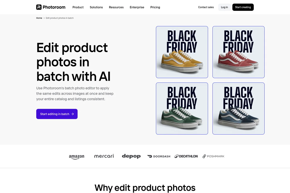 Photoroom batch photo editor page showcasing the application of 'Black Friday' banners to multiple product photos of different colored sneakers, with a clean and modern interface.