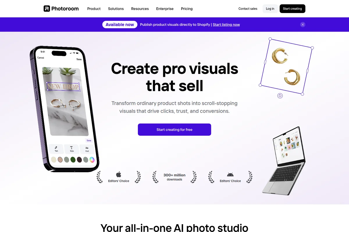 Photoroom homepage hero section showcasing the mobile app interface editing product photography of jewelry with a modern clean aesthetic.