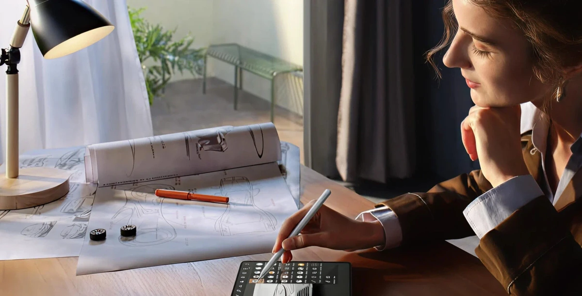 Phrase design workspace showing a creative professional drawing car concepts with a stylus on a digital tablet, blending physical sketches and a modern UI.