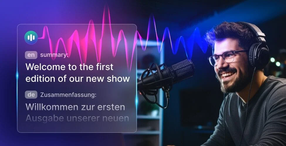 Phrase AI summary and translation feature demonstrating live speech processing with a modern glassmorphism interface.