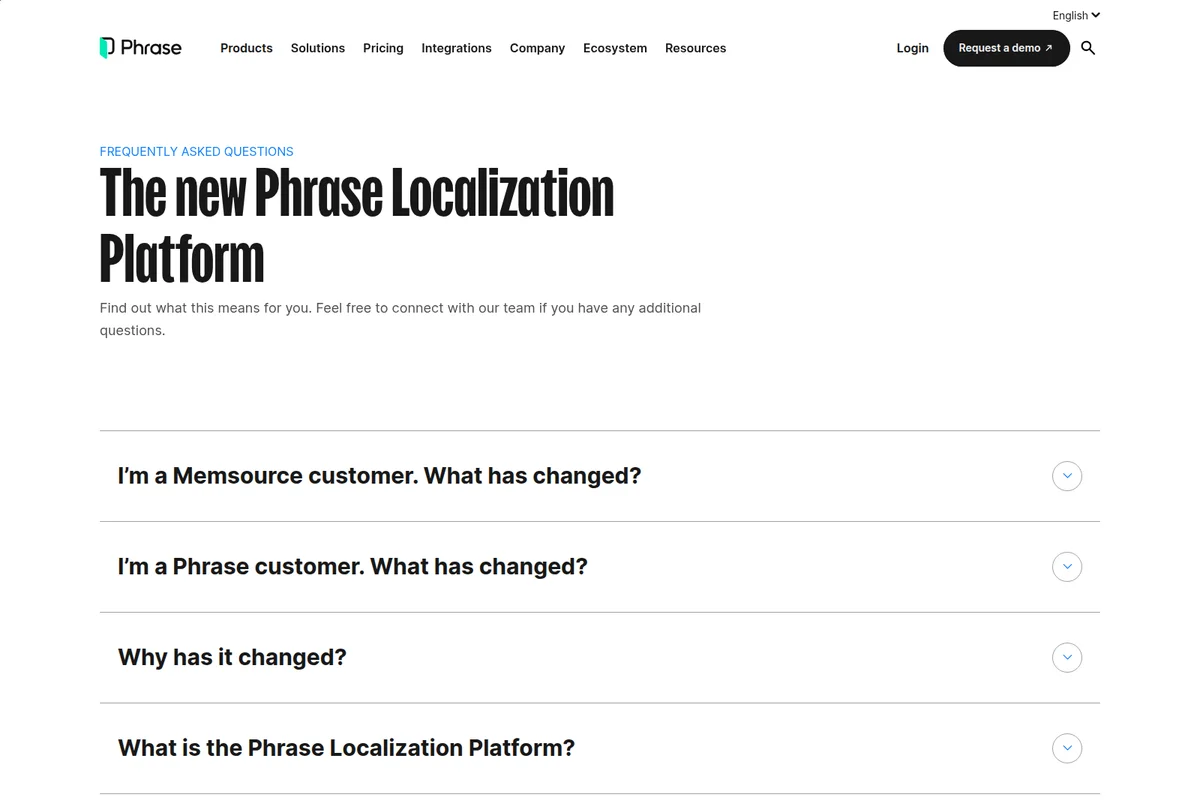 Phrase FAQ page discussing the new Phrase Localization Platform with a clean, modern interface.