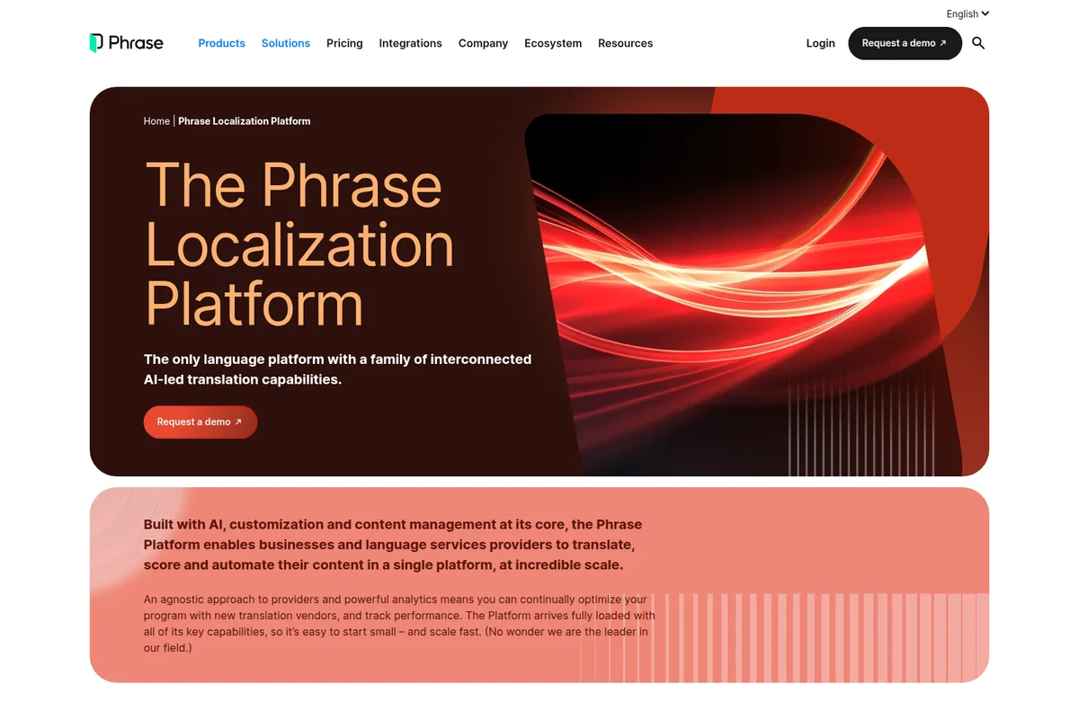 Phrase landing page hero introducing the Localization Platform with AI-led translation capabilities and an abstract red light trails graphic.