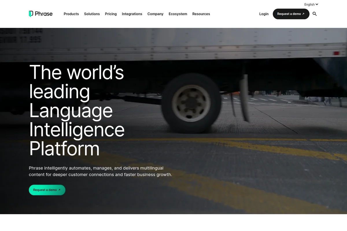 Phrase homepage hero section introducing the 'Language Intelligence Platform' over a dark-toned street scene background.