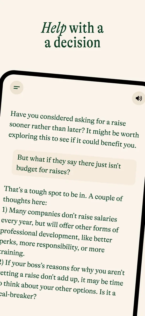 Pi conversational AI interface offering decision-making advice within a clean, chat-based UI.