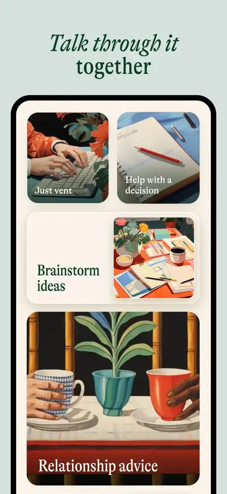 Pi app showing a selection of conversational topics like 'Just vent', 'Help with a decision', 'Brainstorm ideas', and 'Relationship advice' with a stylized illustrated interface.
