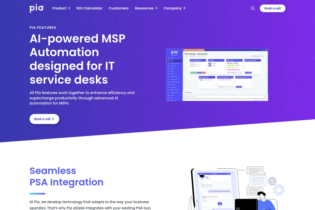 Pia AI-powered MSP automation hero section displaying a service desk configuration dashboard with a modern, clean interface.