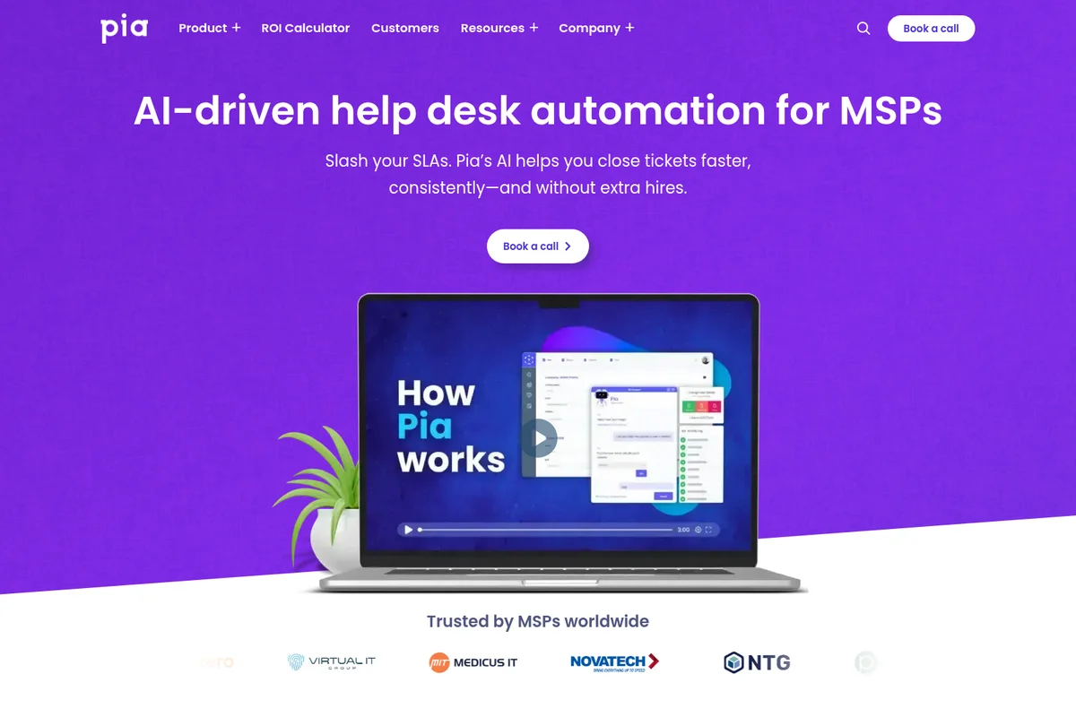 Pia AI-driven help desk automation homepage hero section with a video demonstrating the product UI.