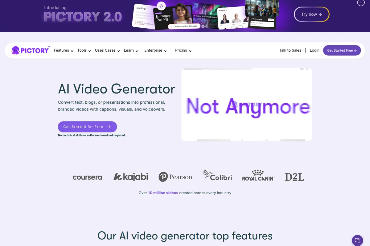 Pictory AI video generator homepage displaying text-to-video conversion features with a modern, clean, purple-accented design.