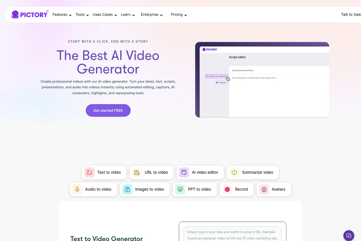 Pictory homepage displaying the script editor and core features for generating AI videos from text, URLs, or audio.