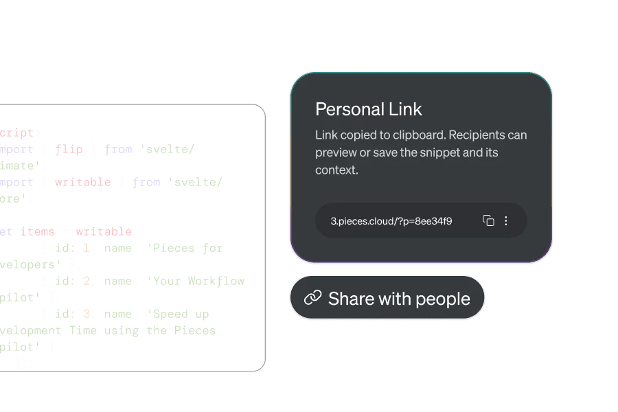 Pieces for Developers feature deep-dive showing code snippet sharing with a personal link in a dark UI.